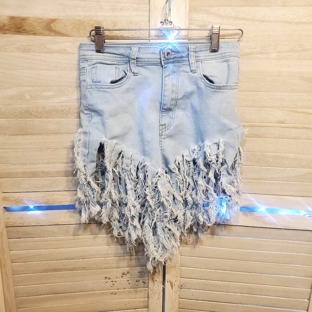JC JQ JEANS Womens Tassel Fringed Blue Jean Denim High Rise Shorts SIZE SMALL